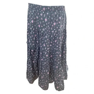 Vintage black dark grey pink floral kayo of California tiered peasant maxi skirt